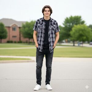 BKE Buckle Mens Shirt SS Standard Fit Large Black Gray Red Plaid